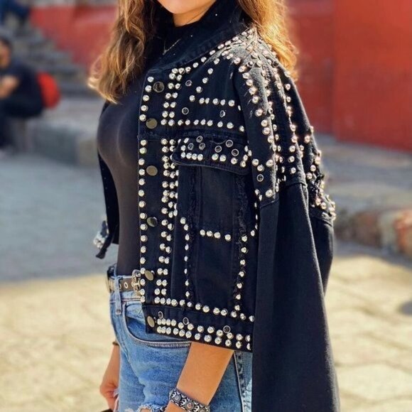 Hand Beaded Denim Over The Shoulder Rivet Studded Blue Denim Jacket One Size - Picture 9 of 10